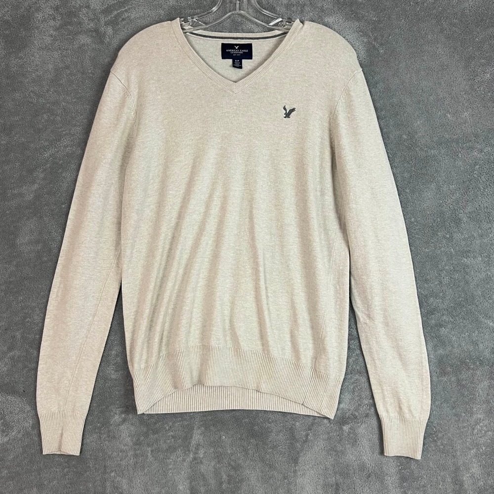 American Eagle V Neck Sweater Mens S Beige Cotton Preppy Classic‎